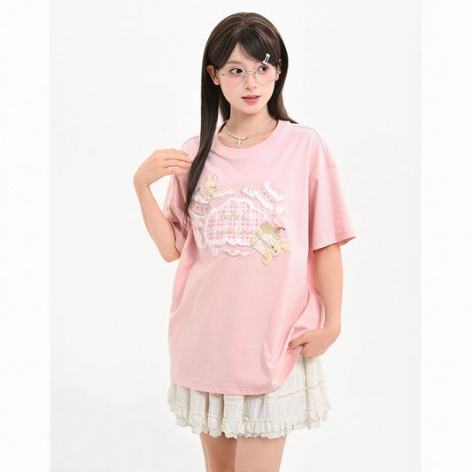 Summer Sweet Girl Style Pink Bunny Embroidered T-shirt