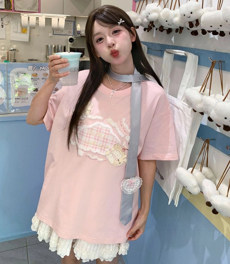 Summer Sweet Girl Style Pink Bunny Embroidered T-shirt