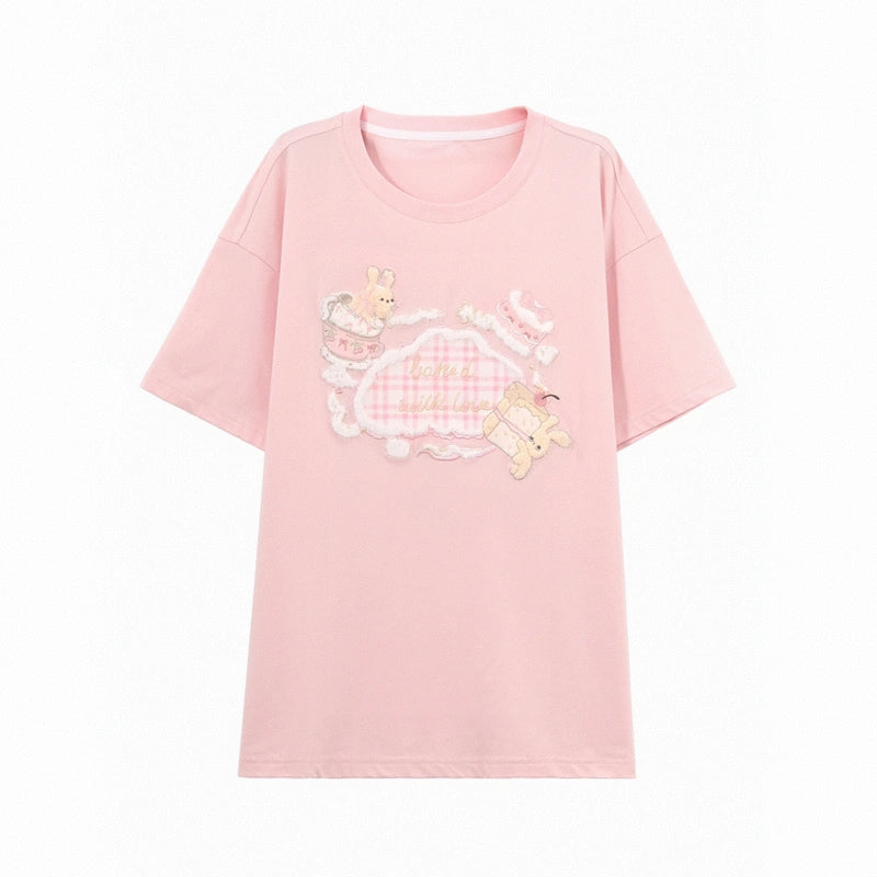 Summer Sweet Girl Style Pink Bunny Embroidered T-shirt