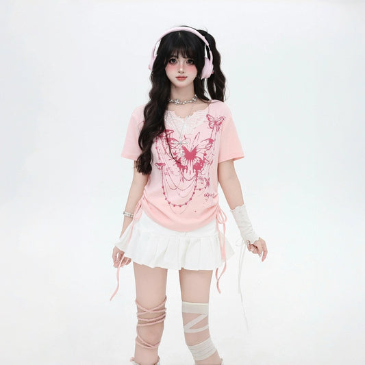 Summer Sweet Girl Style Pink Butterfly Print T-shirt