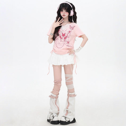 Summer Sweet Girl Style Pink Butterfly Print T-shirt