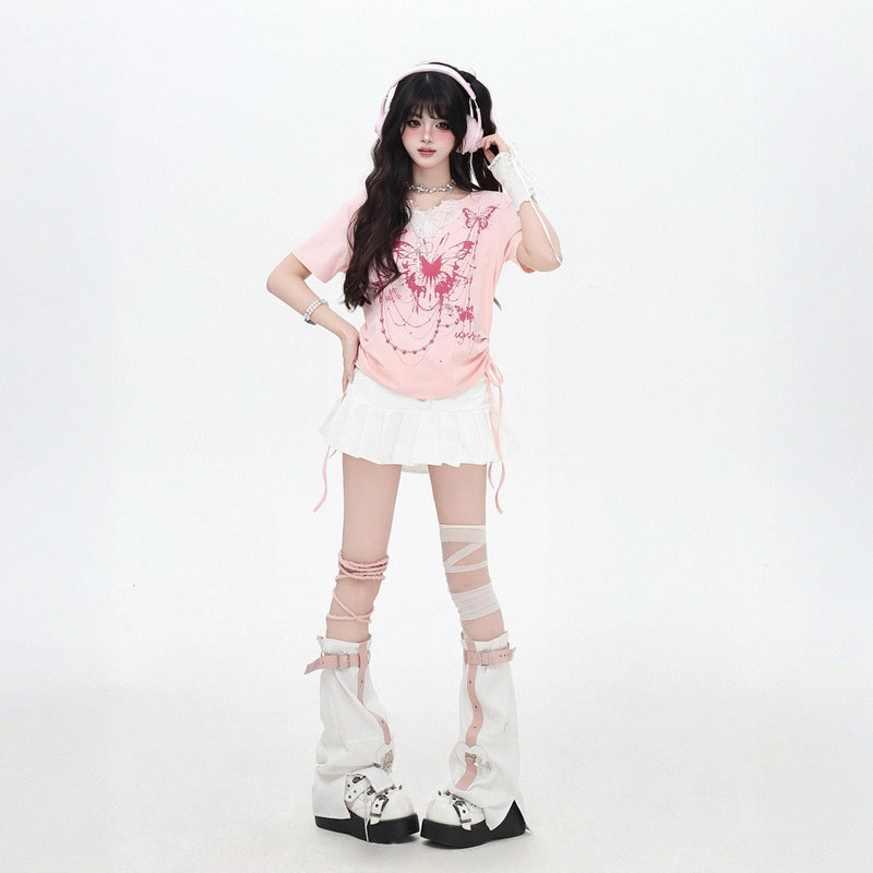 Summer Sweet Girl Style Pink Butterfly Print T-shirt