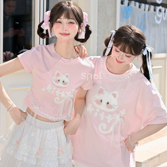 Summer Sweet Girl Style Pink Cartoon Cat Embroidered T-shirt