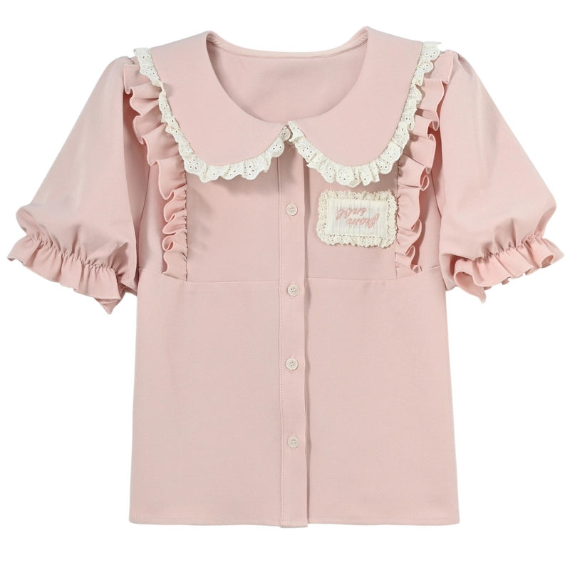 Summer Sweet Girl Style Pink Doll Collar Short-Sleeved Blouse