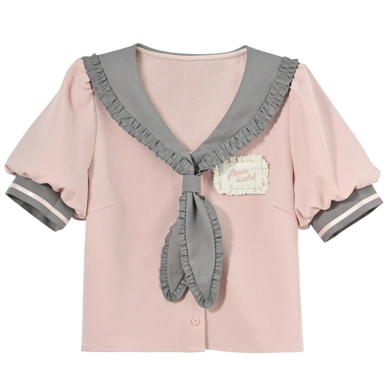 Summer Sweet Girl Style Pink Doll Collar Short-Sleeved Blouse