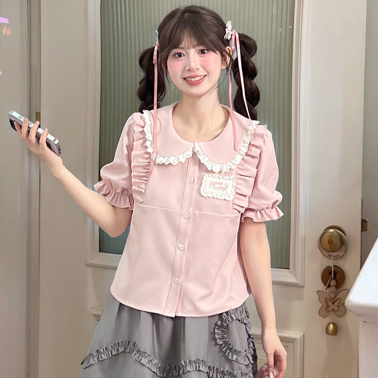 Summer Sweet Girl Style Pink Doll Collar Short-Sleeved Blouse