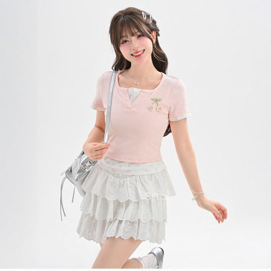 Summer Sweet Girl Style Pink Fake Two-piece T-shirt