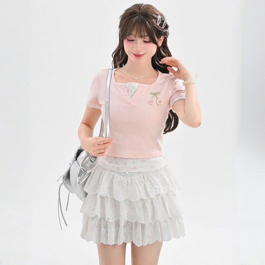 Summer Sweet Girl Style Pink Fake Two-piece T-shirt