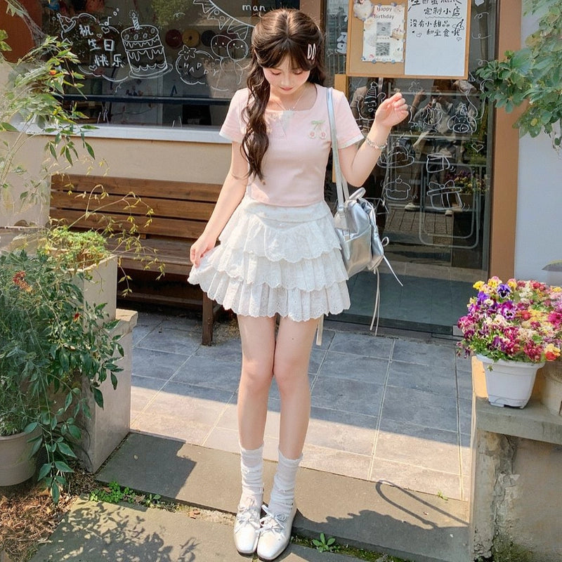 Summer Sweet Girl Style Pink Fake Two-piece T-shirt