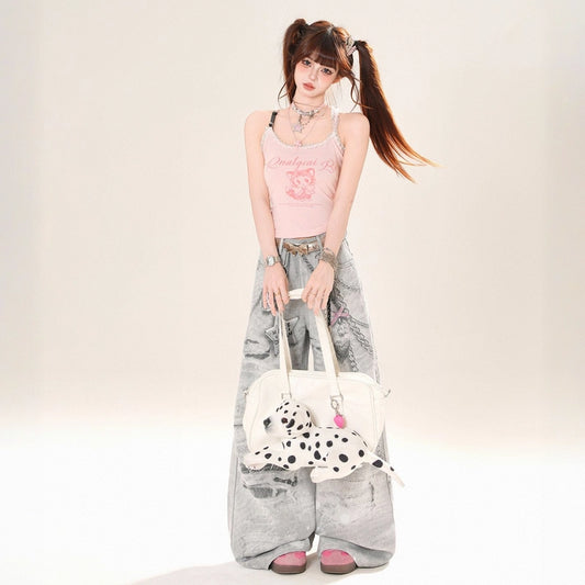 Summer Sweet Girl Style Pink Kitten Print Vest