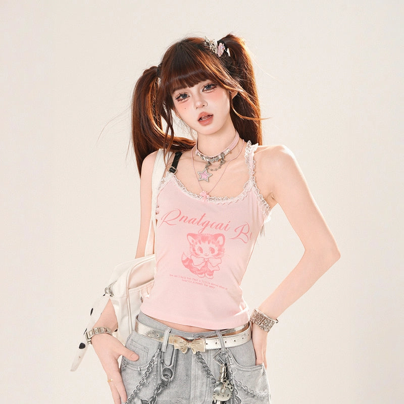 Summer Sweet Girl Style Pink Kitten Print Vest