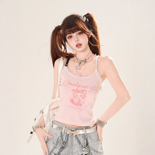 Summer Sweet Girl Style Pink Kitten Print Vest