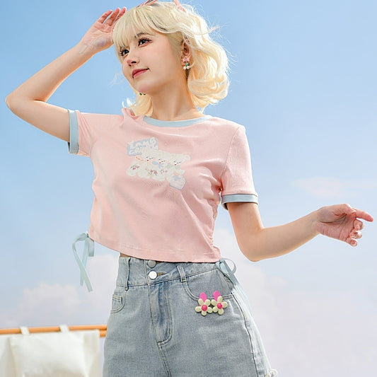 Summer Sweet Girl Style Pink Solid Color Short T-shirt