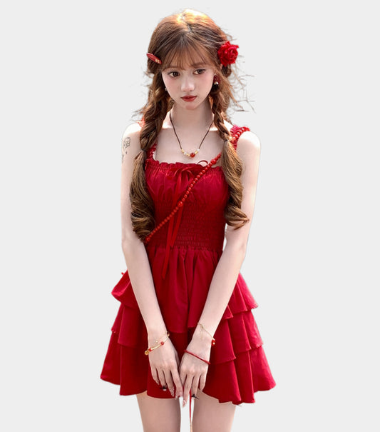 Summer Sweet Girl Style Red Suspender Dress