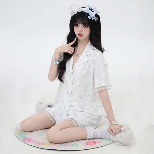 Summer Sweet Girl Style Shell Star Print Pajamas Set