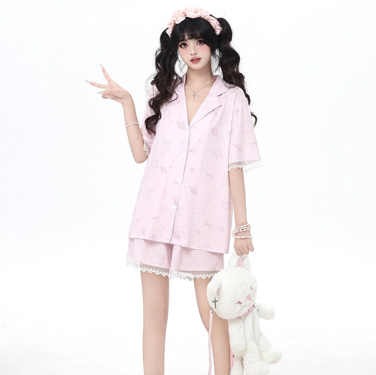 Summer Sweet Girl Style Shell Star Print Pajamas Set