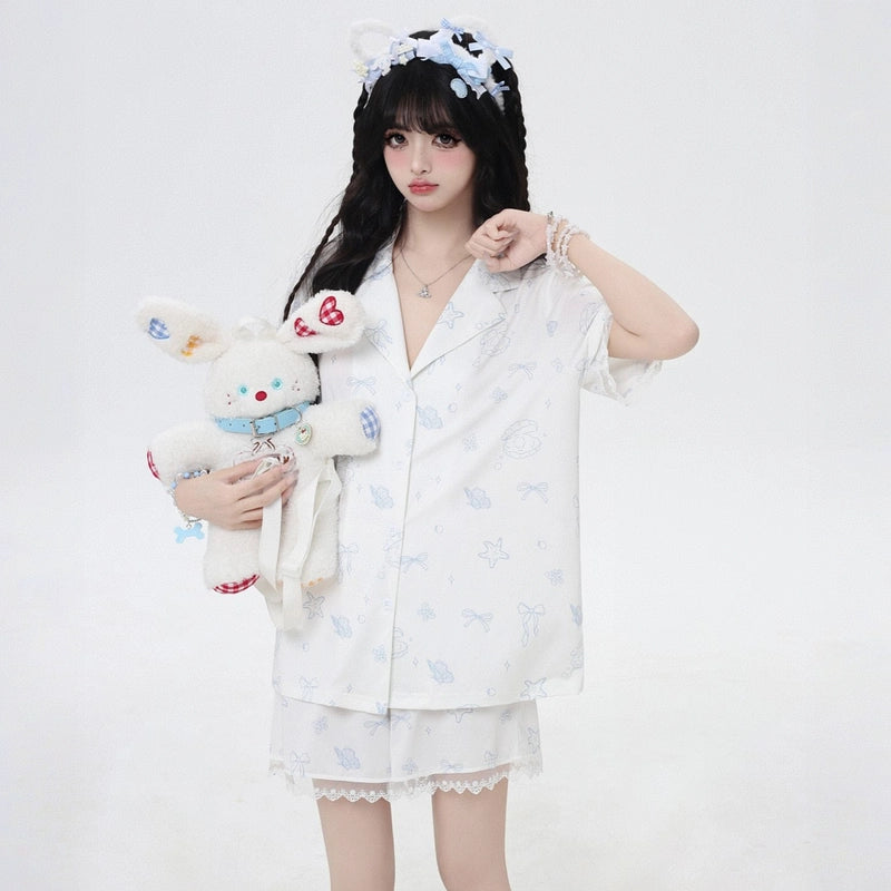 Summer Sweet Girl Style Shell Star Print Pajamas Set