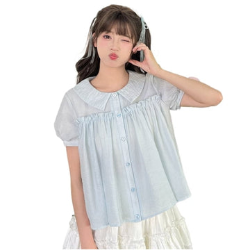 Summer Sweet Girl Style Light Blue Puff Sleeve Blouse