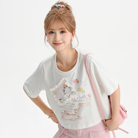 Summer Sweet Girl Style Three-Dimensional Lace T-shirt