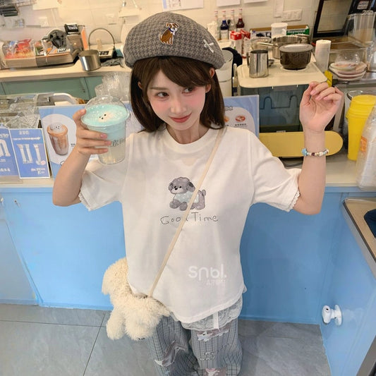 Summer Sweet Girl Style White Cartoon Puppy Print T-shirt