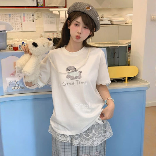 Summer Sweet Girl Style White Cartoon Puppy Print T-shirt