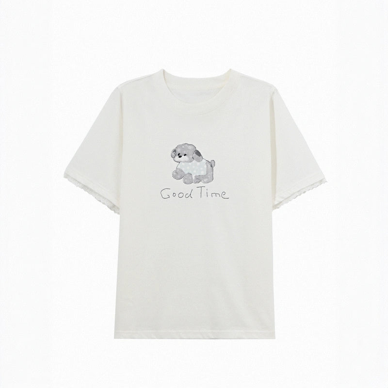 Summer Sweet Girl Style White Cartoon Puppy Print T-shirt