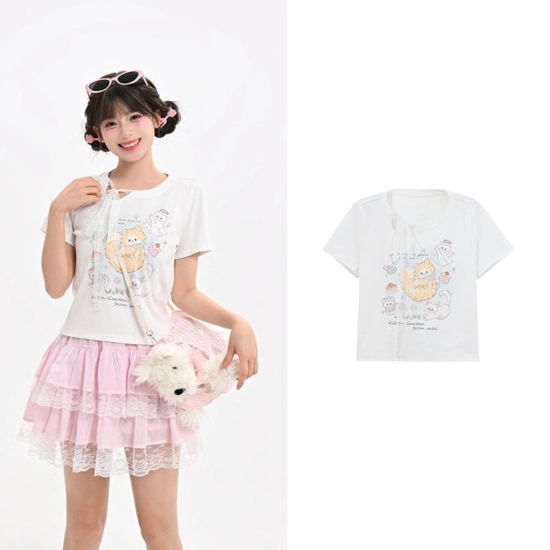 Summer Sweet Girl Style White Cute Cat Print T-shirt