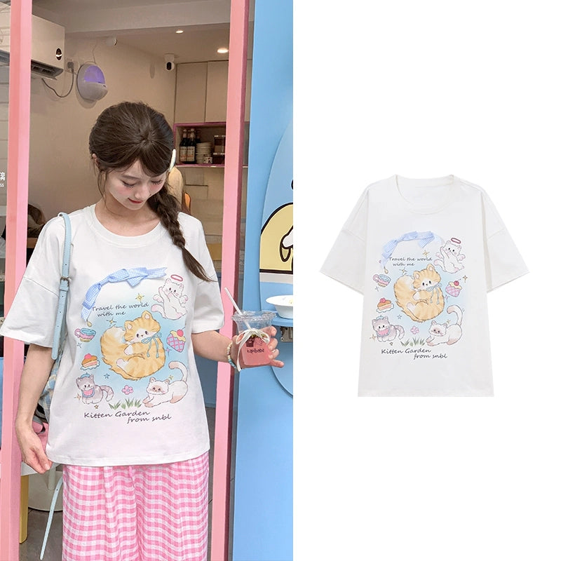 Summer Sweet Girl Style White Cute Cat Print T-shirt
