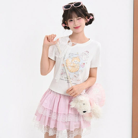 Summer Sweet Girl Style White Cute Cat Print T-shirt