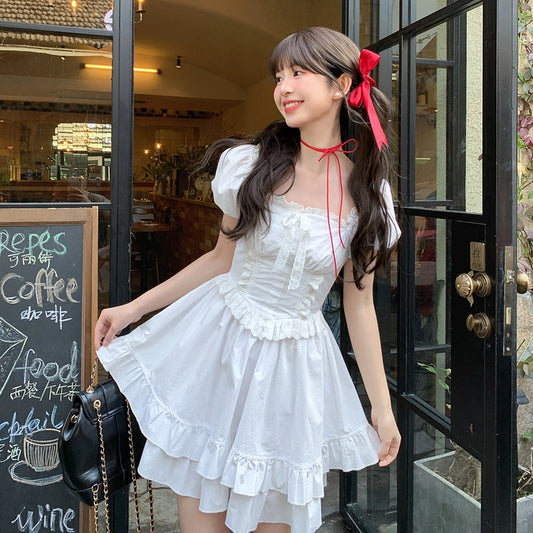 Summer Sweet Girl Style White Double-layer Puff Sleeve Slim Dress