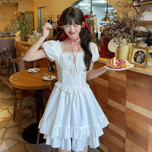 Summer Sweet Girl Style White Double-layer Puff Sleeve Slim Dress