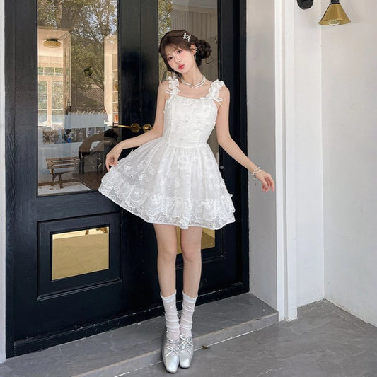 Summer Sweet Girl Style White Fluffy Suspender Dress