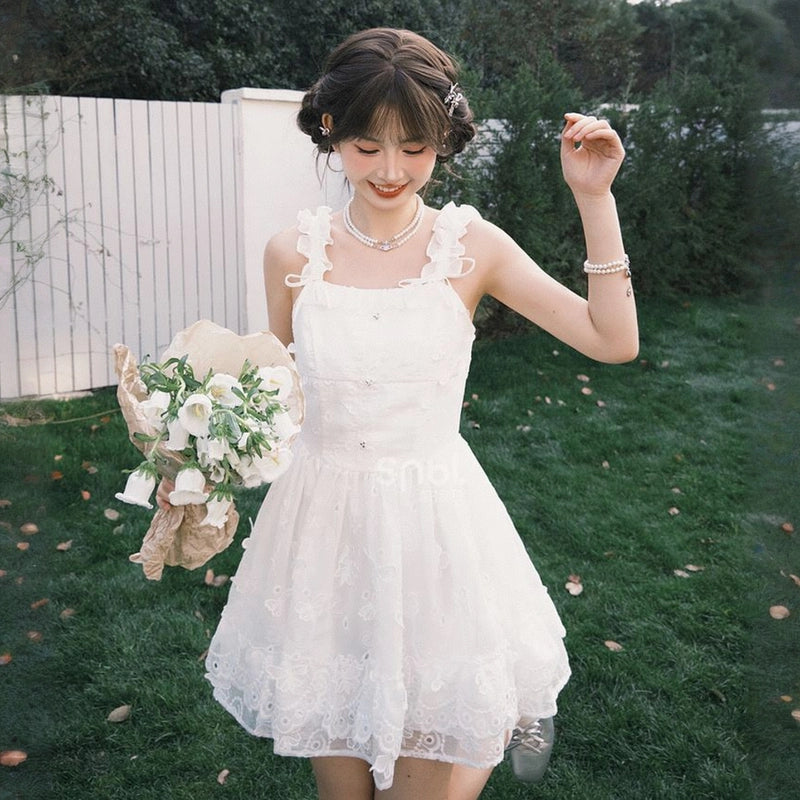 Summer Sweet Girl Style White Fluffy Suspender Dress