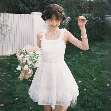 Summer Sweet Girl Style White Fluffy Suspender Dress