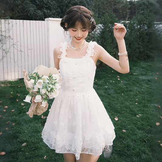 Summer Sweet Girl Style White Fluffy Suspender Dress