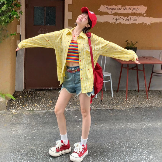 Summer Sweet Girl Style Yellow Star Print Blouse
