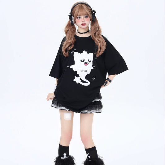 Summer Sweet Girly Style Cartoon Ghost Cat Print T-shirt