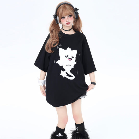 Summer Sweet Girly Style Cartoon Ghost Cat Print T-shirt