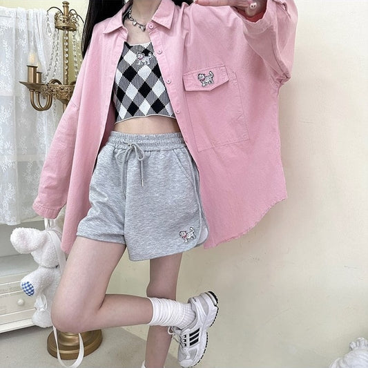 Summer Sweet Japanese Kitten Print Pink High Waist Shorts