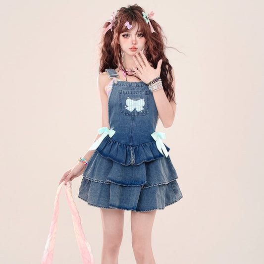 Summer Sweet Princess Style Blue Denim Suspender Skirt