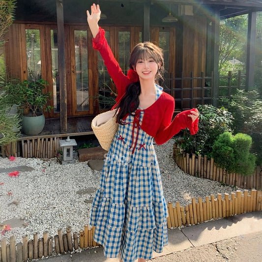 Summer Sweet Retro Style Blue Striped Long Dress Suit