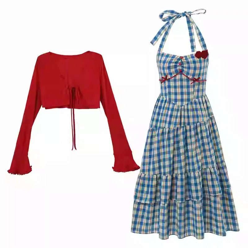 Summer Sweet Retro Style Blue Striped Long Dress Suit
