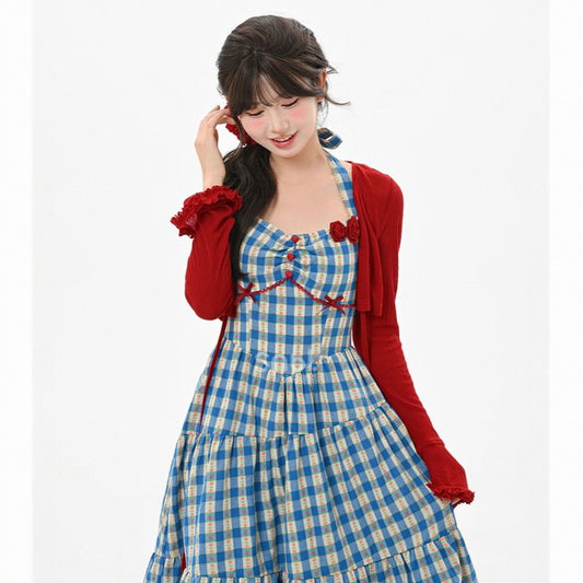 Summer Sweet Retro Style Blue Striped Long Dress Suit