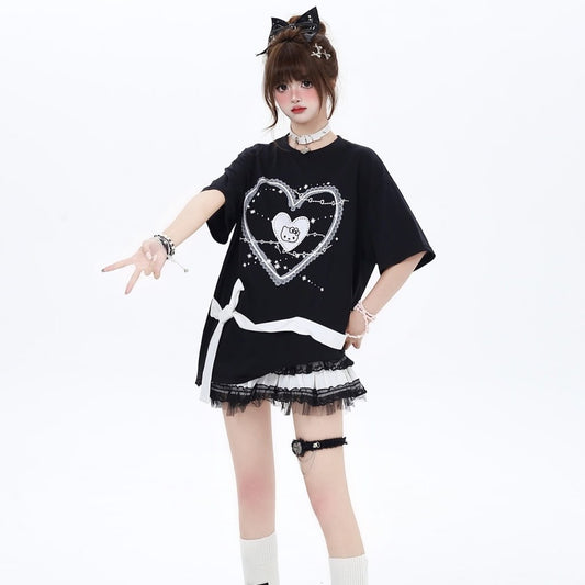 Summer Sweet Soft Girl Style Love Lace Splicing T-shirt