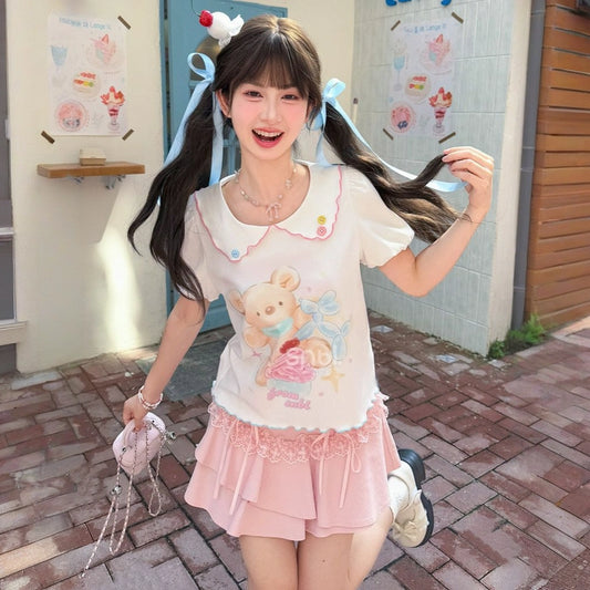 Summer Sweet Dopamine  Style Bear Print Doll Collar T-shirt