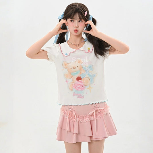 Summer Sweet Dopamine  Style Bear Print Doll Collar T-shirt