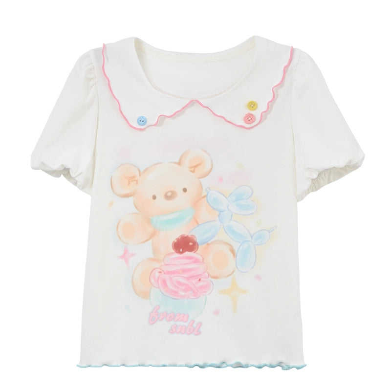 Summer Sweet Dopamine  Style Bear Print Doll Collar T-shirt