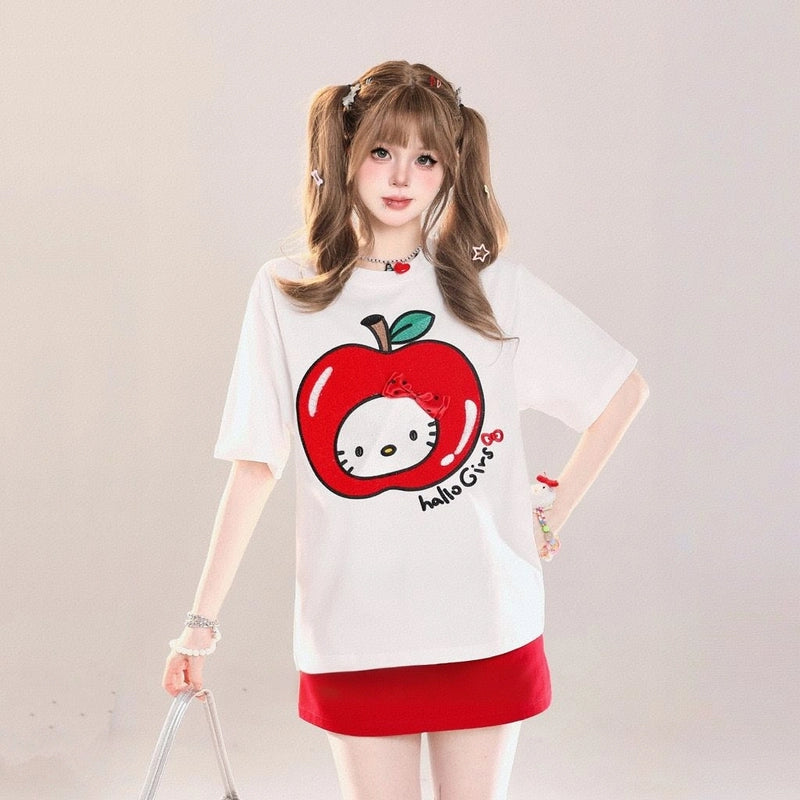 Summer Sweet Style Apple Hello Kitty Printed T-shirt