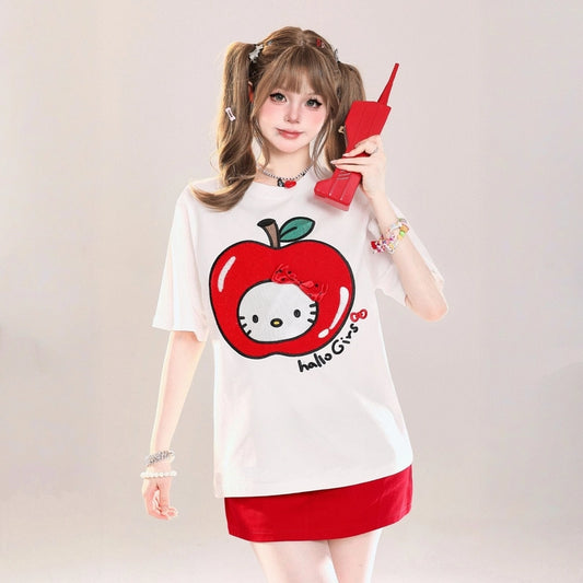 Summer Sweet Style Apple Hello Kitty Printed T-shirt