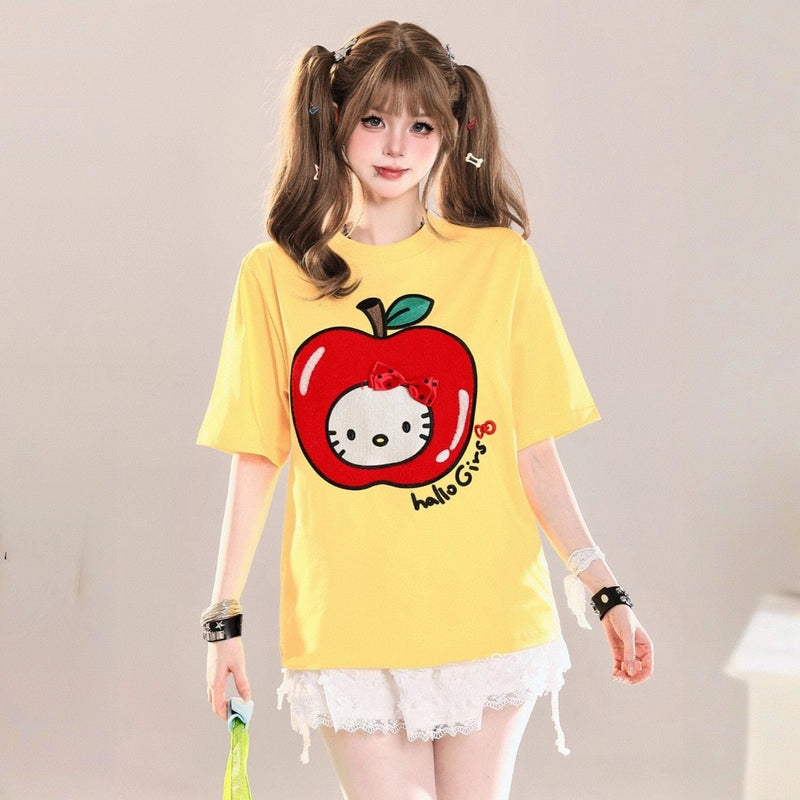 Summer Sweet Style Apple Hello Kitty Printed T-shirt